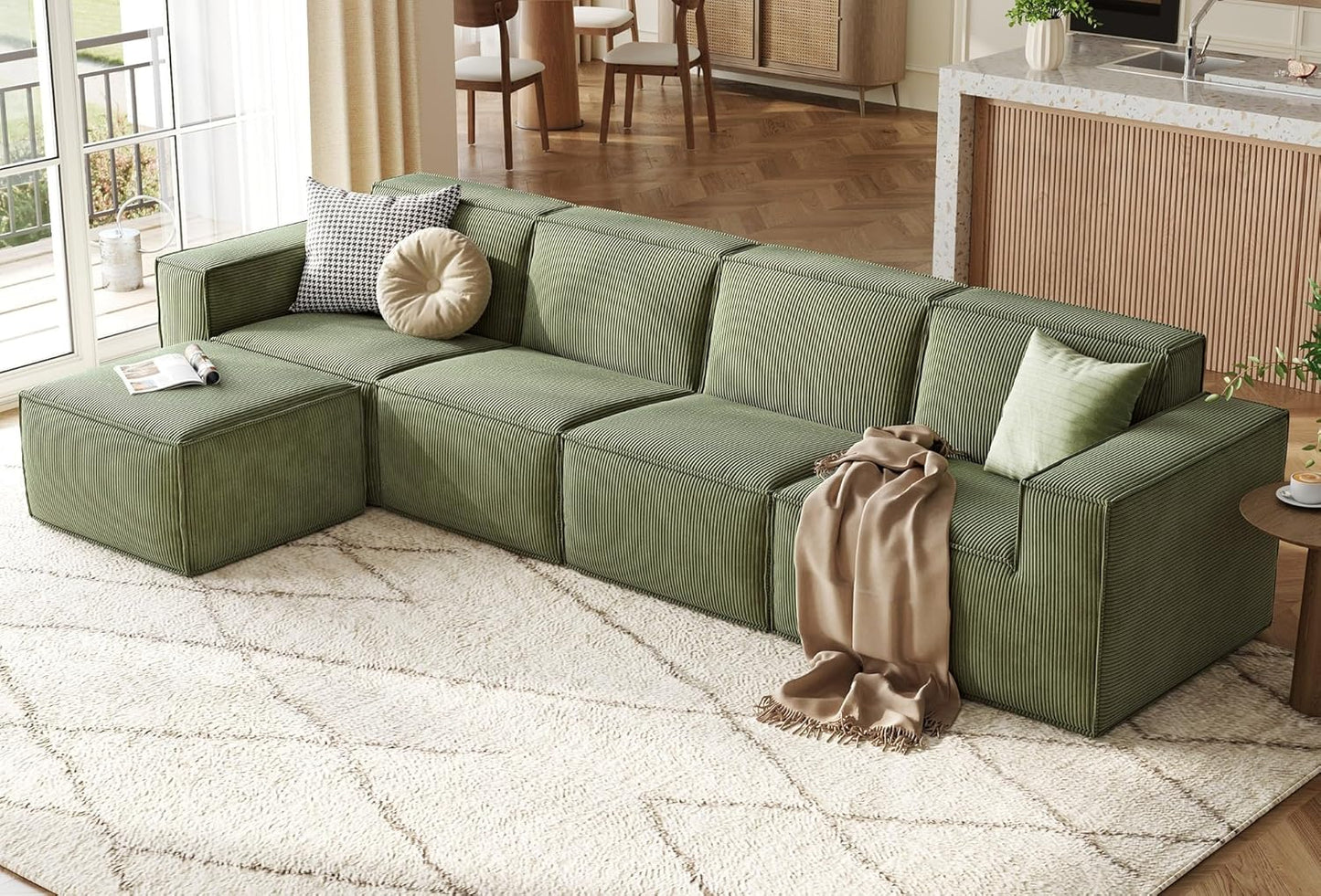 LINSY HOME Modular Sectional Sofa, 134" Boneless Couch L Shaped 4-Seat Sofa with Movable Ottoman, Corduroy Sectional Cloud Couches for Living Room, No Assembly Required, Green