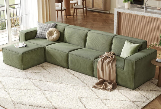 LINSY HOME Modular Sectional Sofa, 134" Boneless Couch L Shaped 4-Seat Sofa with Movable Ottoman, Corduroy Sectional Cloud Couches for Living Room, No Assembly Required, Green