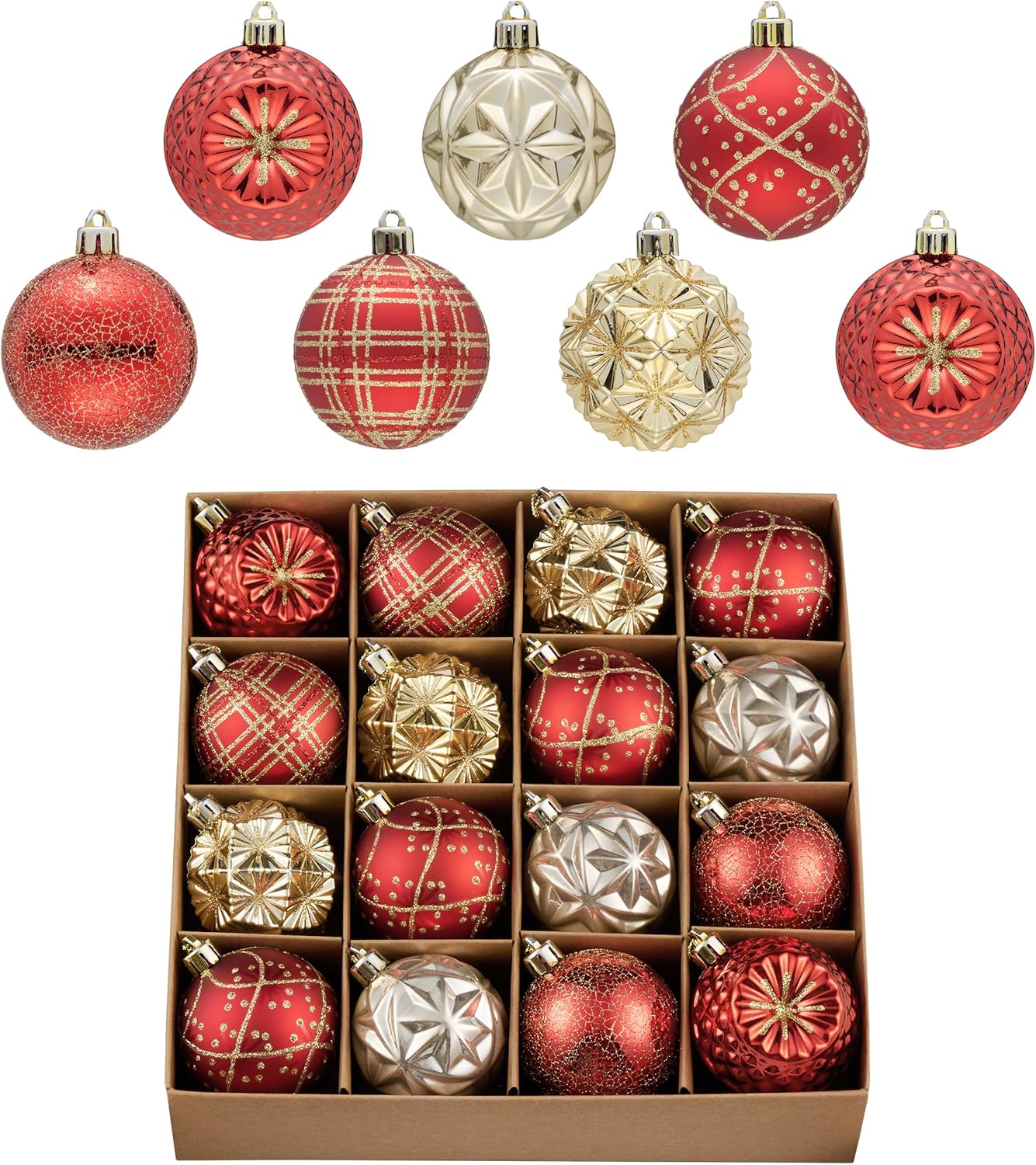 Valery Madelyn Ornaments for Christmas Trees, 16ct 2.36 Inches Red and Gold Shatterproof Christmas Tree Decorations, Luxury Hanging Ball Ornaments for Xmas Holiday Party Decor