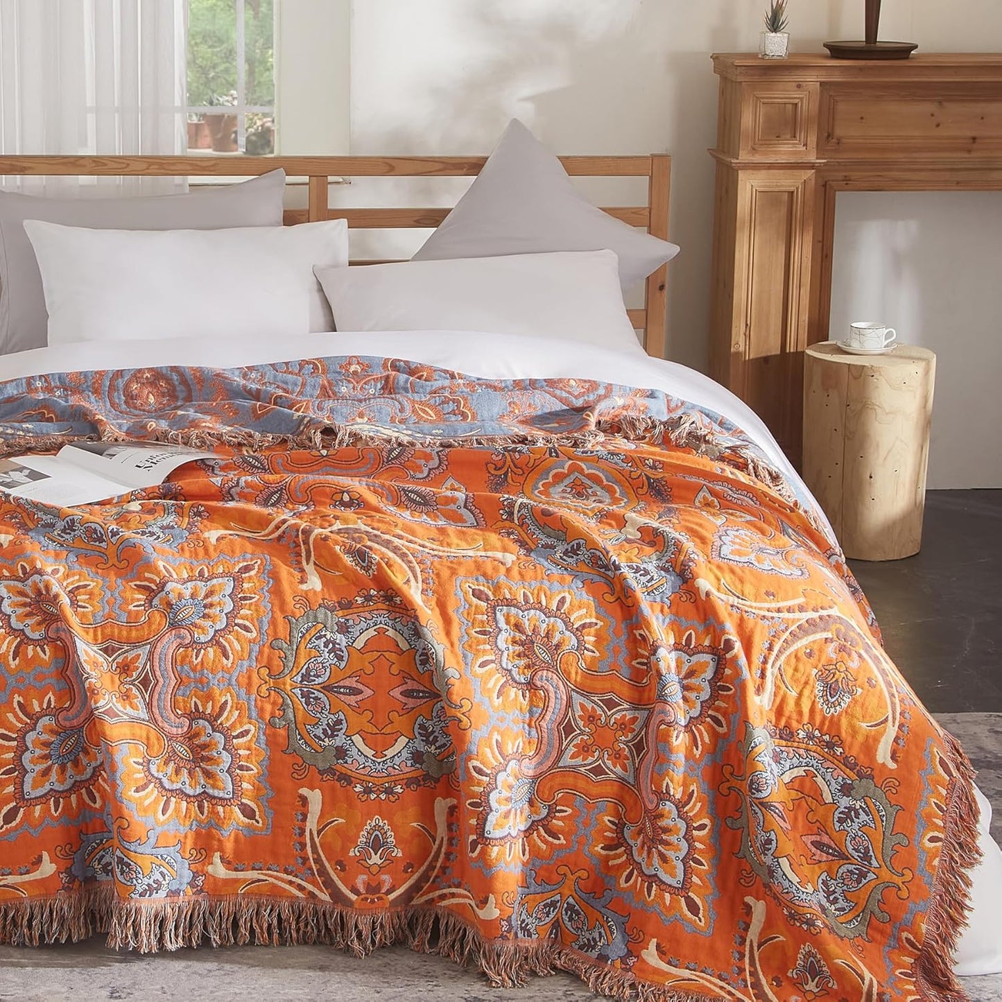 Boho Throw Blanket for Couch Sofa Bed, 100% Cotton Woven Quilt with Tassel 60”x80”, Super Soft Muslin Blanket with Oriental Universe Printed, Decorative Reversible Bed Blanket/Cover for All Seasons