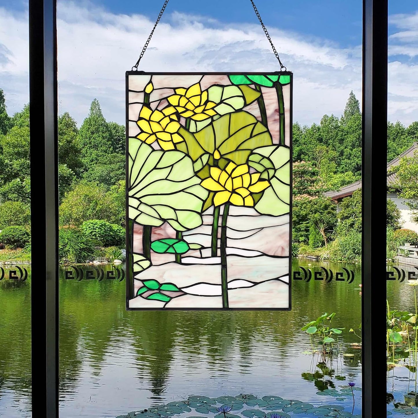 YOURANJU Stained Glass Window Hanging 16" H x 11" W Tiffany Style Rectangular Window Panel Suitable for Living Room Bedroom Kitchen Window Decoration Hangings with Chain (Lotus)