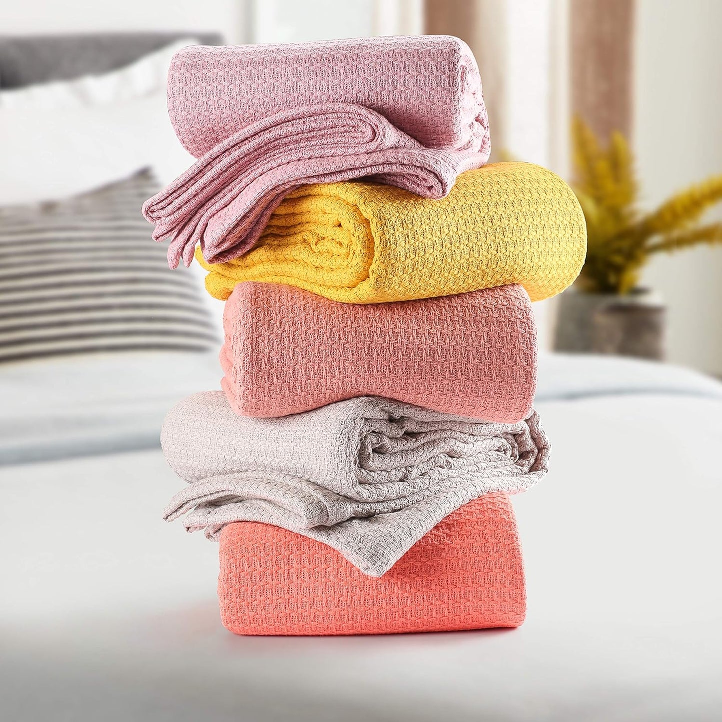 BELIZZI HOME 100% Cotton Bed Blanket, Breathable Bed Blanket Full Queen Size, Cotton Thermal Blankets Full Queen, Perfect for Layering Any Bed for All Season, Mustard Yellow