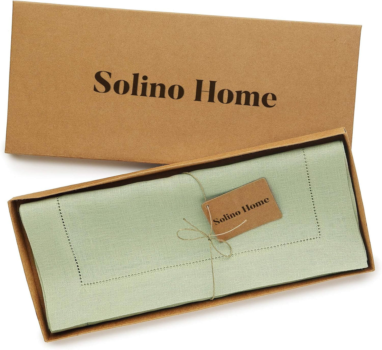 Solino Home Linen Sage Green Table Runner 120 Inches Long - 100% Pure Linen Hemstitch 14 x 120 Inch Table Runner for Dining, Fall, Autumn, Thanksgiving - Classic Hemstitch