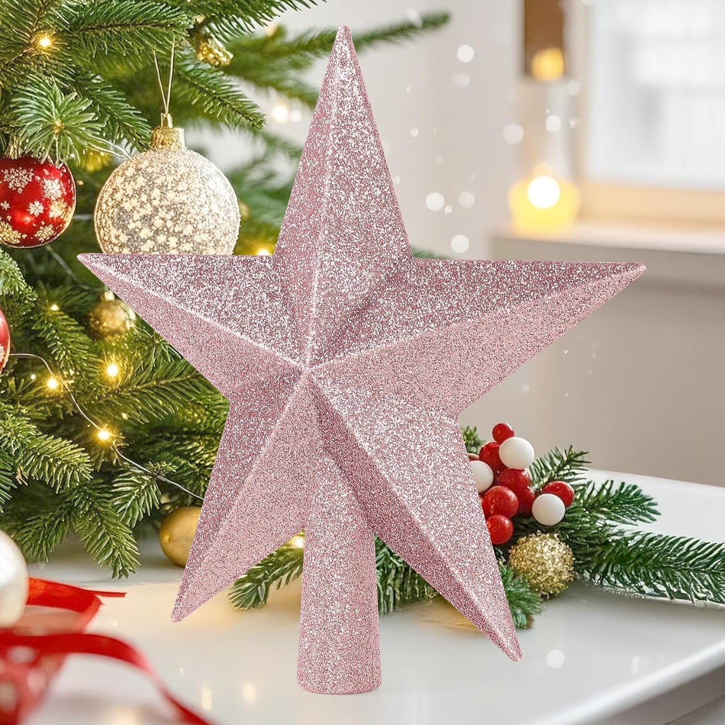 Tree Topper Star, 8" Rose Gold Christmas Star Tree Topper Accessories, Xmas Glitter 3D Bethlehem Tree Topper Ornament, Waterproof Holiday Christmas Tree Topper Star Decor for Home Indoor Outdoor