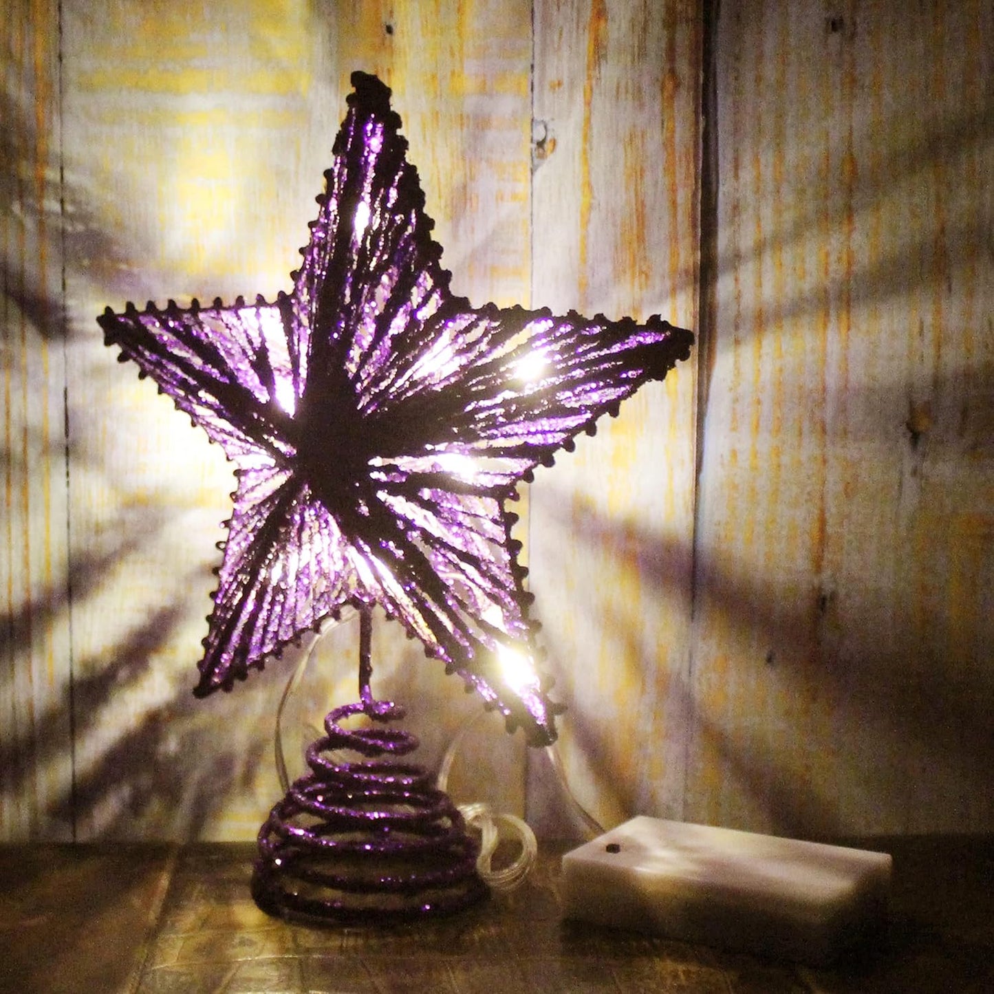 CVHOMEDECO. Purple Glittered 3D Tree Top Star with Warm White LED Lights and Timer for Christmas Tree Decoration and Holiday Seasonal Décor, 8 x 10 Inch