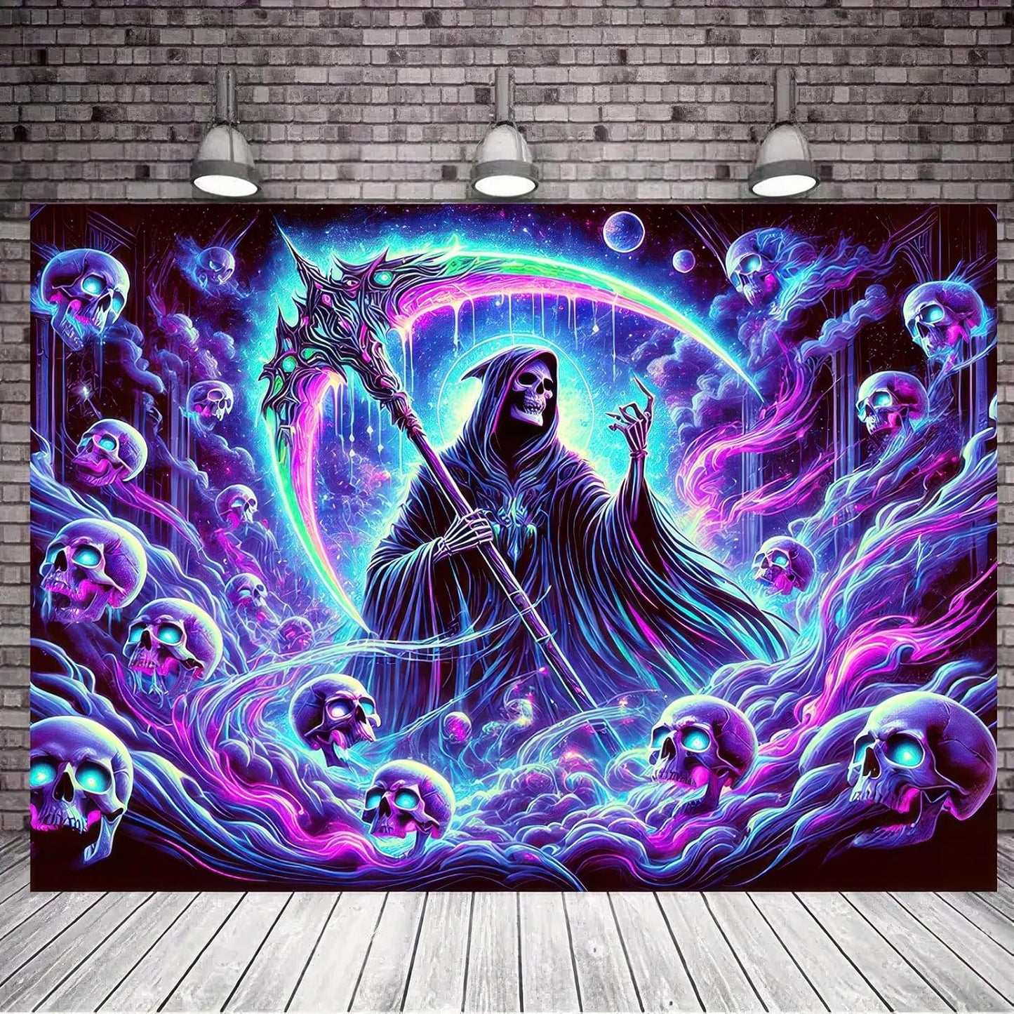 BlissYard Blacklight Skull Tapestry UV Reactive Tapestry 78x59 Inch Grim Reaper Gothic Skeleton Wall Tapestry Glowing Tapestry Large Neon Tapestry Wall Hanging for Living Room Bedroom Decor Teens