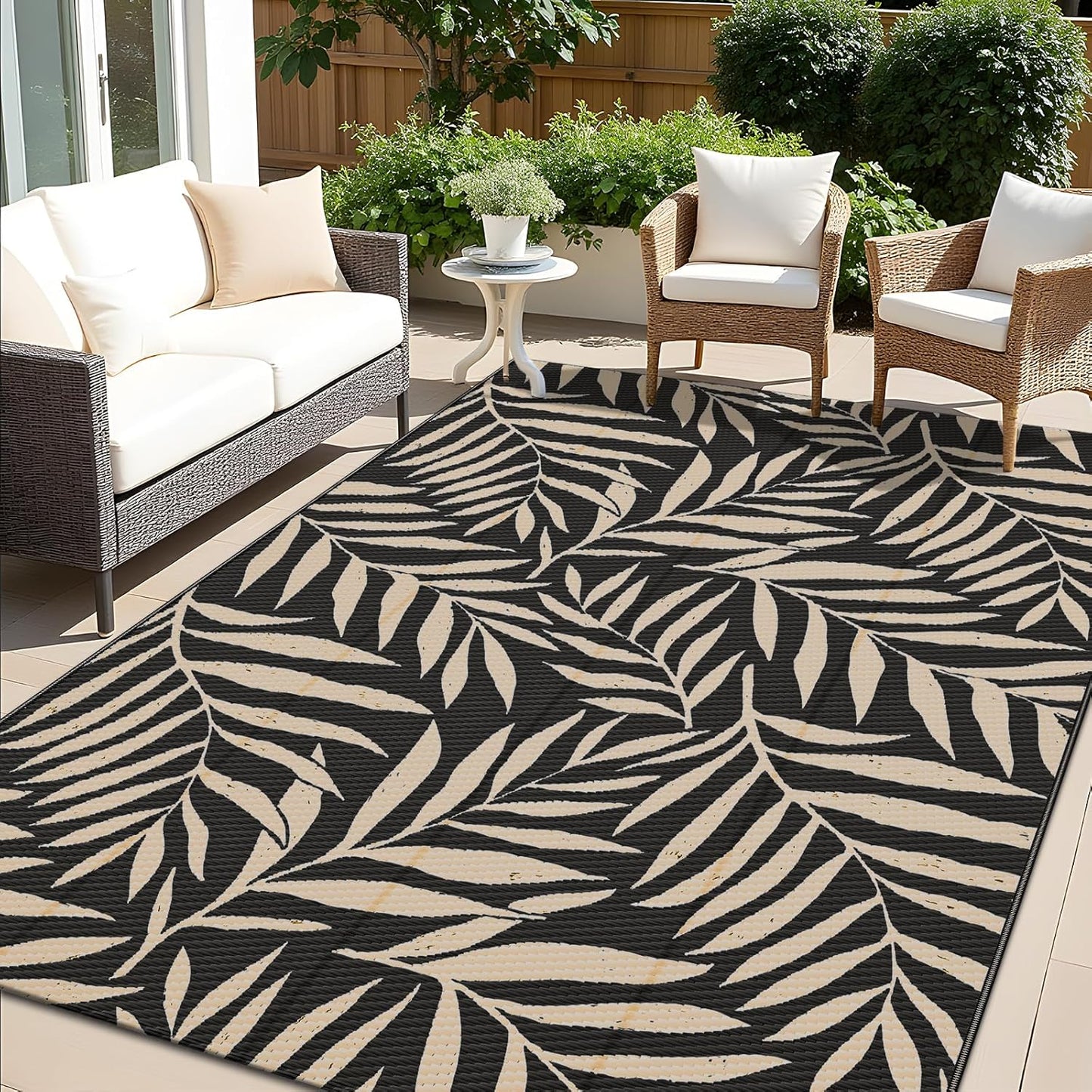 OLANLY Waterproof Outdoor Rug 5x8 ft, Reversible Outdoor Plastic Straw Rug with Leaf Pattern, RV Mat, Indoor Outdoor Carpet for Patio, Camping, Balcony, Deck, Backyard, Black & Beige