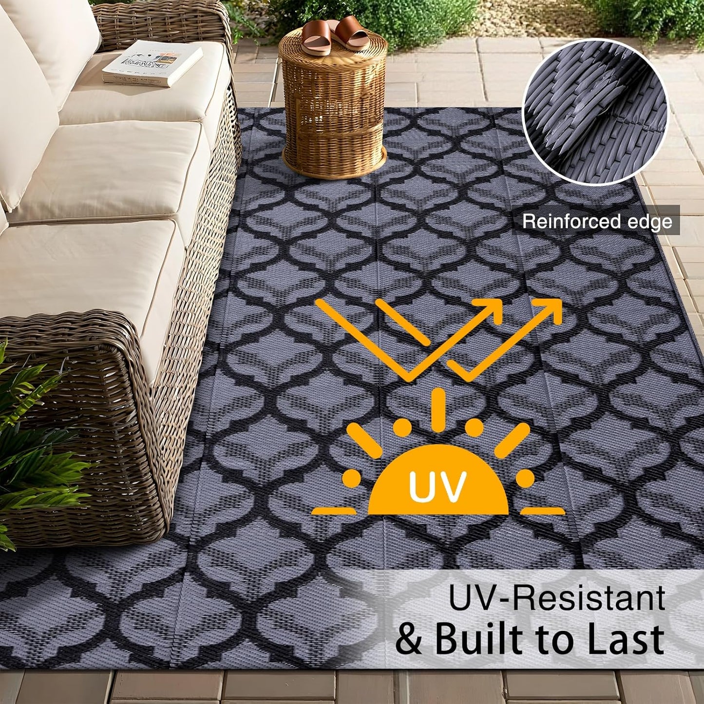 OLANLY Reversible Outdoor Rug 5x8 ft Clearance, Waterproof Outdoor Plastic Straw Rug with Interlacing Pattern, RV Mat for Patio, Camping, Balcony, Deck, Backyard, Black & Grey