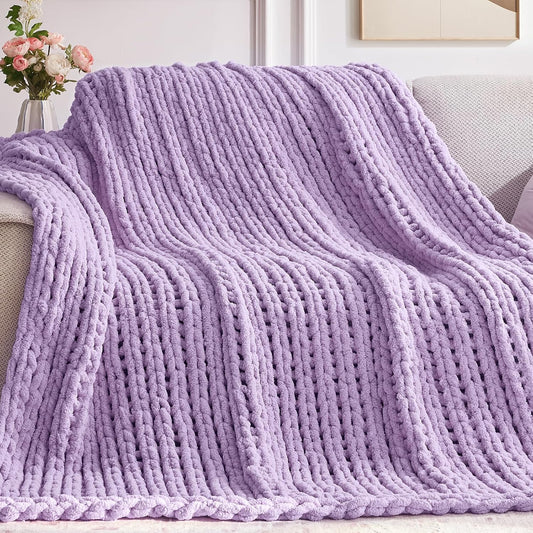 Chunky Knit Throw Blanket, 30''*40'' Knitted Throw Chenille Yarn for Bed Couch, Handmade Light Purple Crochet Big Thick Blanket, Machine Washable Cute Comfy Blanket for Home Decor