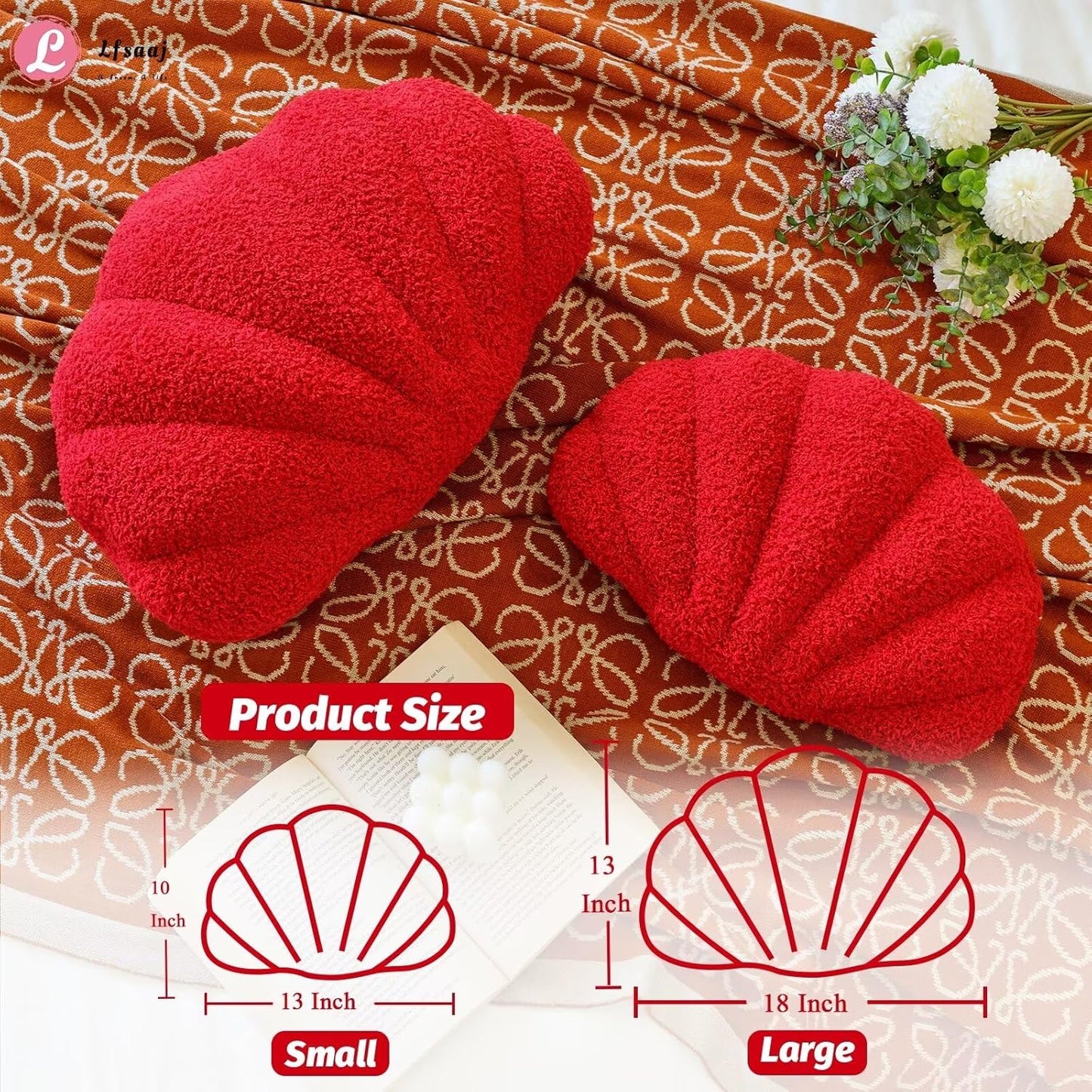 Red Seashell Throw Pillows, Shell Shaped Throw Pillows, 13 Inch Soft Home Decorative Pillow Plush Cushion for Bed Couch Living Sofa Room Decor Accent Throw Pillow