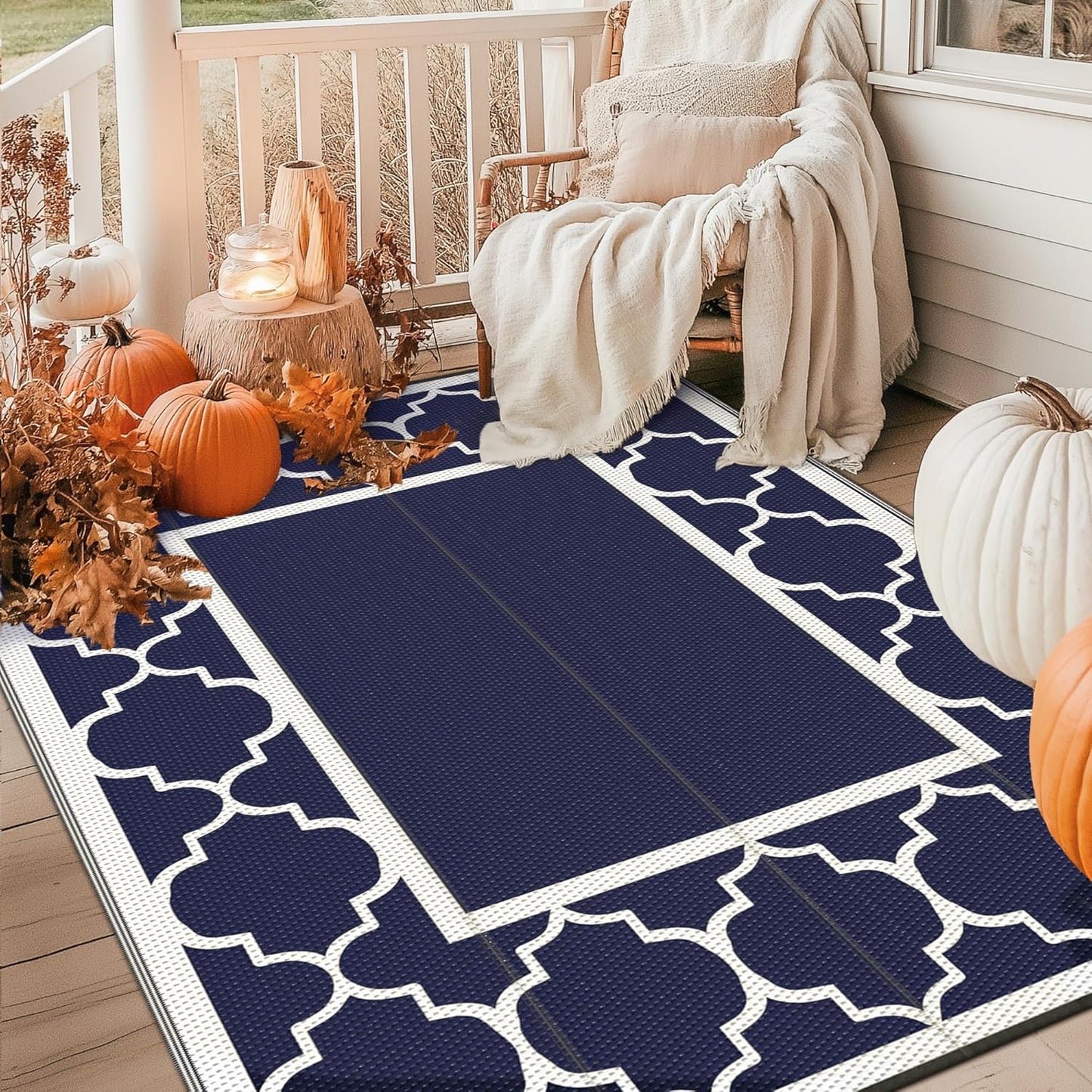 GENIMO Outdoor Rug 8' x 10' Patio Waterproof, Foldable Reversible Plastic Straw Area Rugs Mat for Camper Decor, Outside Carpet for Rv, Deck, Porch, Picnic, Beach, Balcony, Blue & White