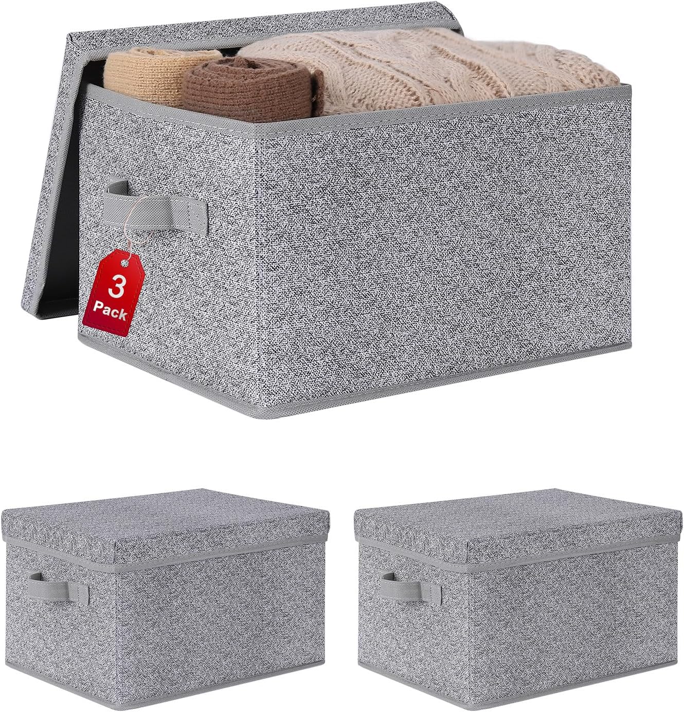 WUIKE Foldable Storage Bins with Lids, Storage Boxes with Handles, Closet Shelf Organizer, Fabric Storage Baskets for Bedroom, Decorative Storage Containers, Large, Ash Gray, 3-Pack