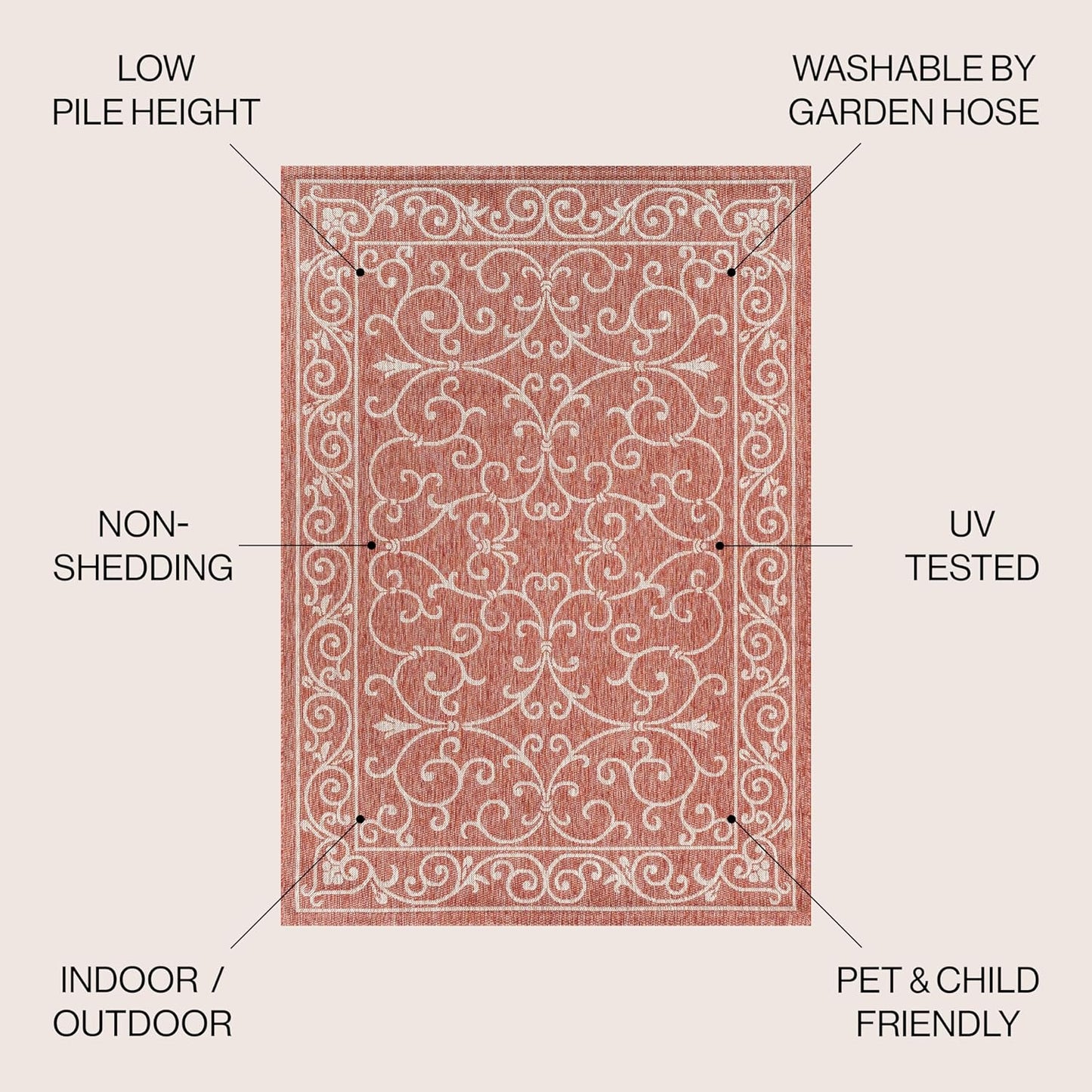 JONATHAN Y Vintage Filigree Indoor Outdoor Square Area Rug 4X4 Red/Beige, Charleston Textured Weave for Backyard, Patio, Porch, Easy-Cleaning, High Traffic, Pet-Friendly, Non-Shedding (SMB106B-4SQ)