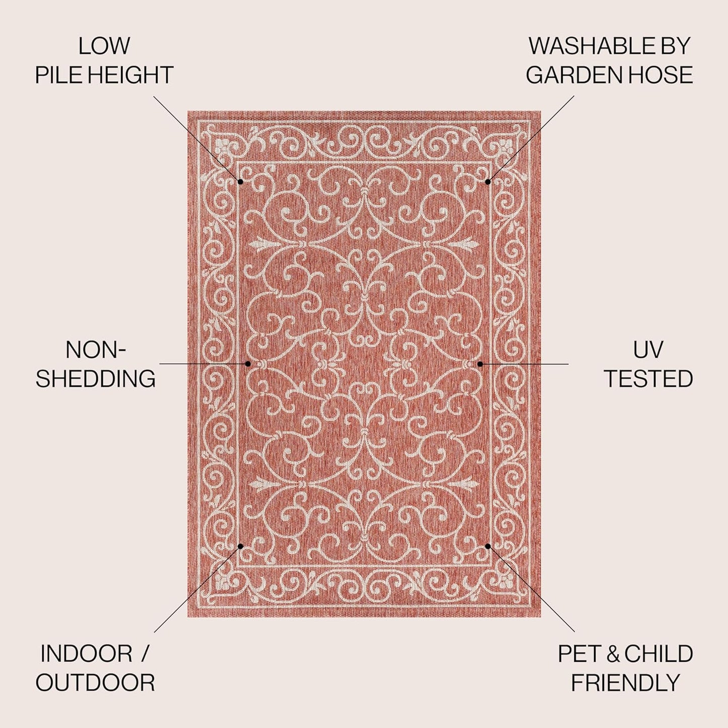 JONATHAN Y Vintage Filigree Indoor Outdoor Square Area Rug 5X5 Red/Beige, Charleston Textured Weave for Backyard, Patio, Porch, Easy-Cleaning, High Traffic, Pet-Friendly, Non-Shedding (SMB106B-5SQ)