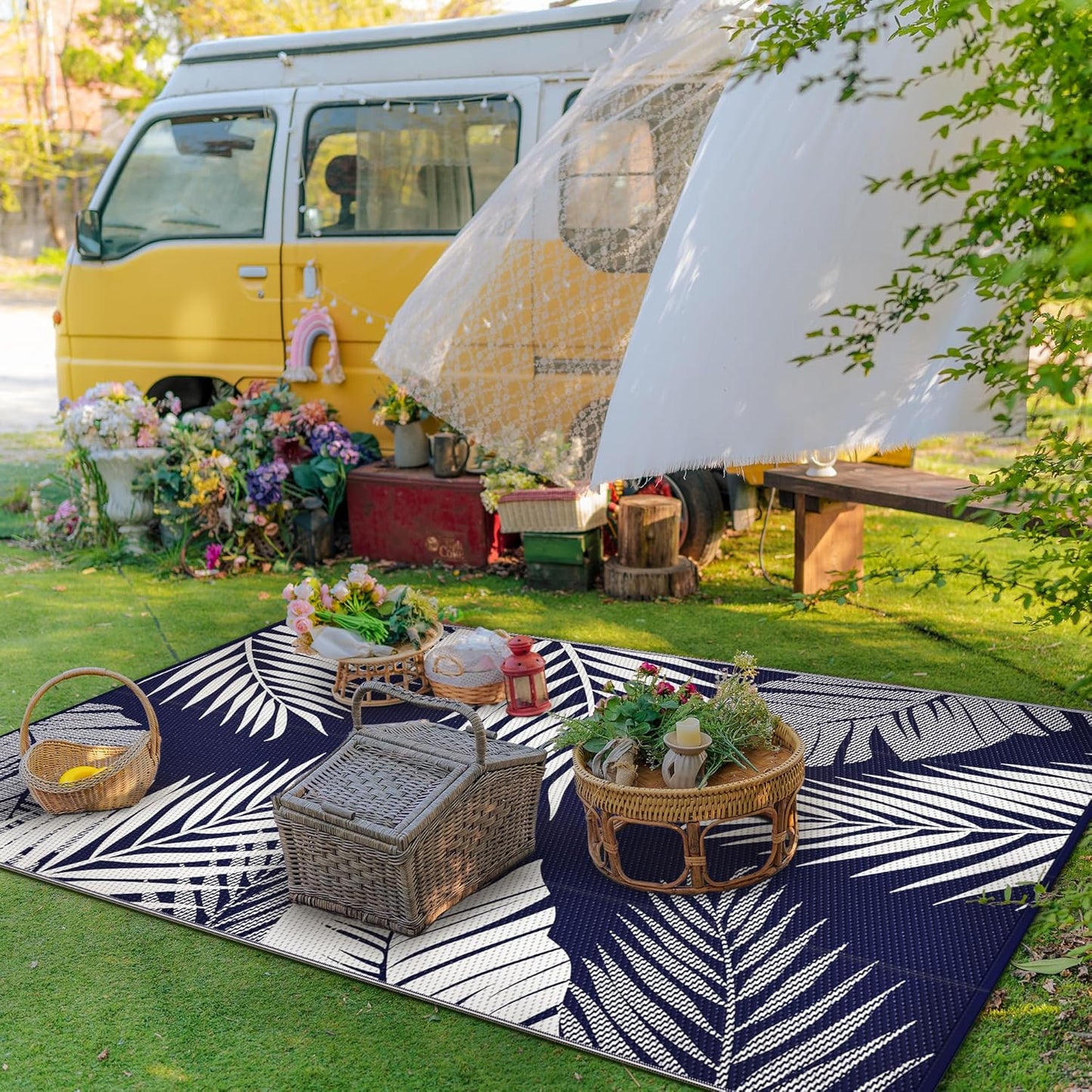 GENIMO Outdoor Rug 9' x 12' Waterproof for Patios Clearance, Reversible Outdoor Plastic Straw Camping Rug Carpet, Large Area Rugs Mats for RV, Camper, Deck, Balcony, Porch, Beach, Navy Blue&White