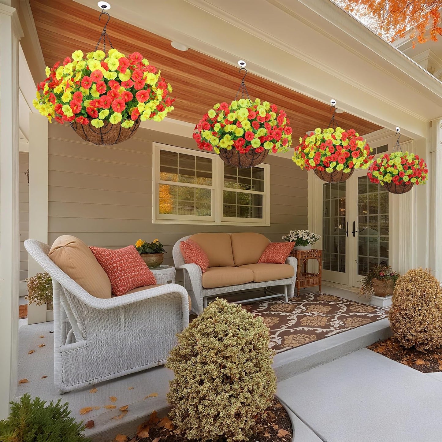 Artificial Fall Flowers Fake Hanging Plants Flowers Basket for Outdoors Autumn Decoration, Silk Morning Glory with Eucalyptus Look Real UV Resistant Faux Flowers for Outside Porch Patio Balcony, Mix