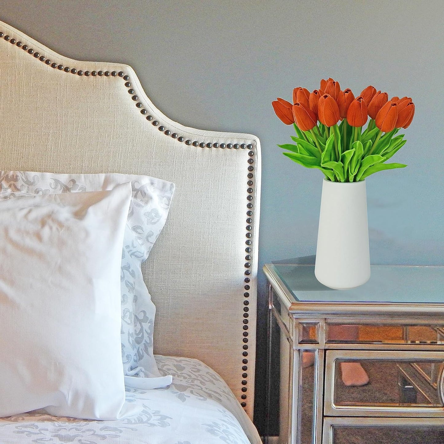 Mandy's Artificial Tulips 20 Stems Dark Orange PU Faux Flowers for Wedding Home Decor 13.5 Inch