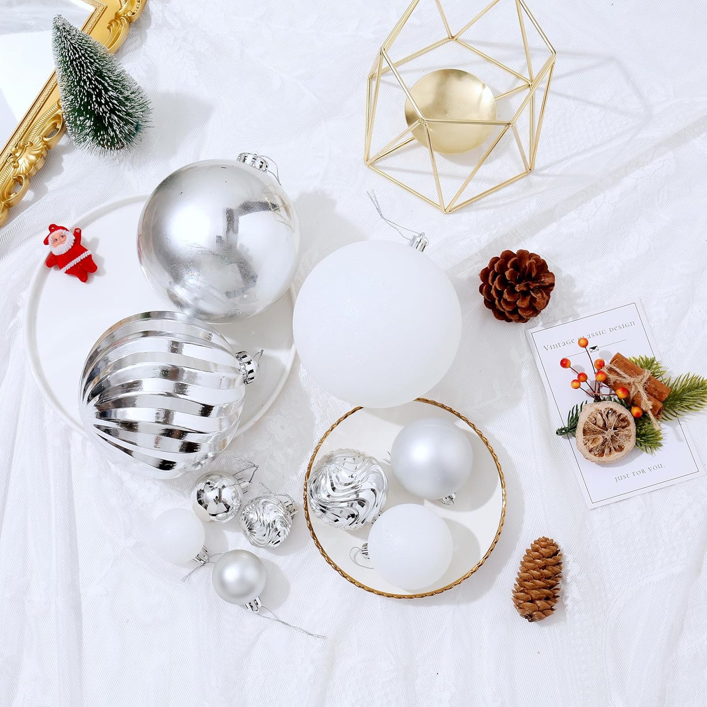 Christmas Ball Ornaments for Xmas Decorations,50 pcs Christmas Extra Large Tree Shatterproof Ornaments-Silver (Combo of 5 Style in 3 Sizes)