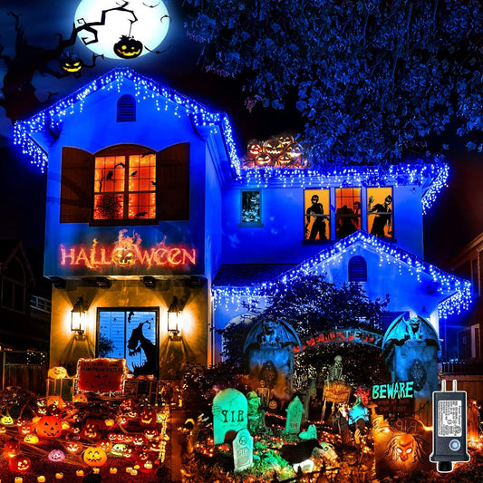 Halloween Icicle Lights Outdoor, 66 FT 640 LED Icicle Lights for Outside 8 Modes with 120 Drops, Plug in Waterproof Blue Halloween Light for House Indoor Holiday Pavilion Balcony Decorations