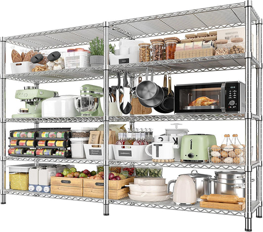 REIBII 1500LBS Storage Shelves 61.7''W Wire Shelving Unit 5 Tier Metal Shelving for Storage Rack Shelves Heavy Duty Garage Shelf Pantry Shelves Kitchen Shelving, 61.7" W*72.4" H*15.8" D, Chrome