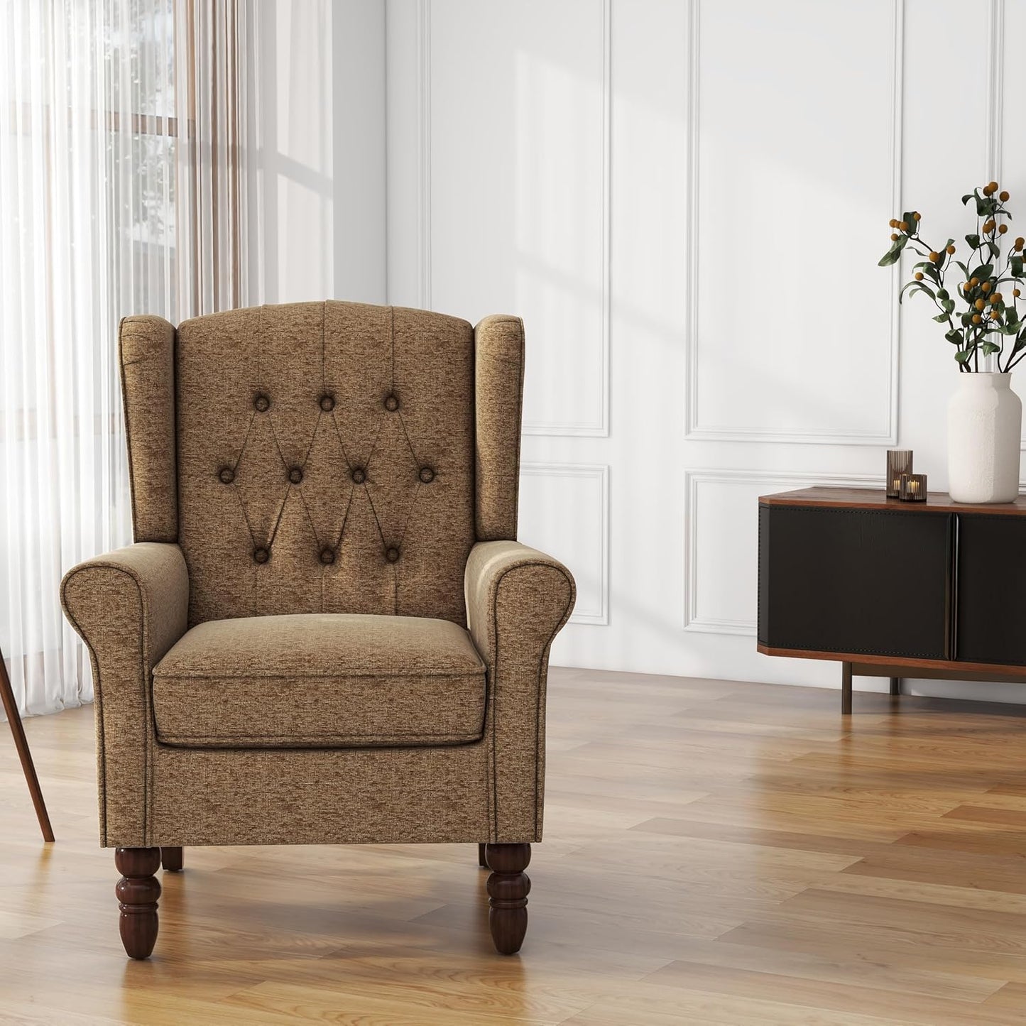 UIXE High Back Accent Chairs Set of 2, Upholstered Armchair in Fabric, Retro Wingback Arm Chair for Living Room, Comfy Single Sofa Bedroom Reading Seat with Solid Wood Legs - Brown