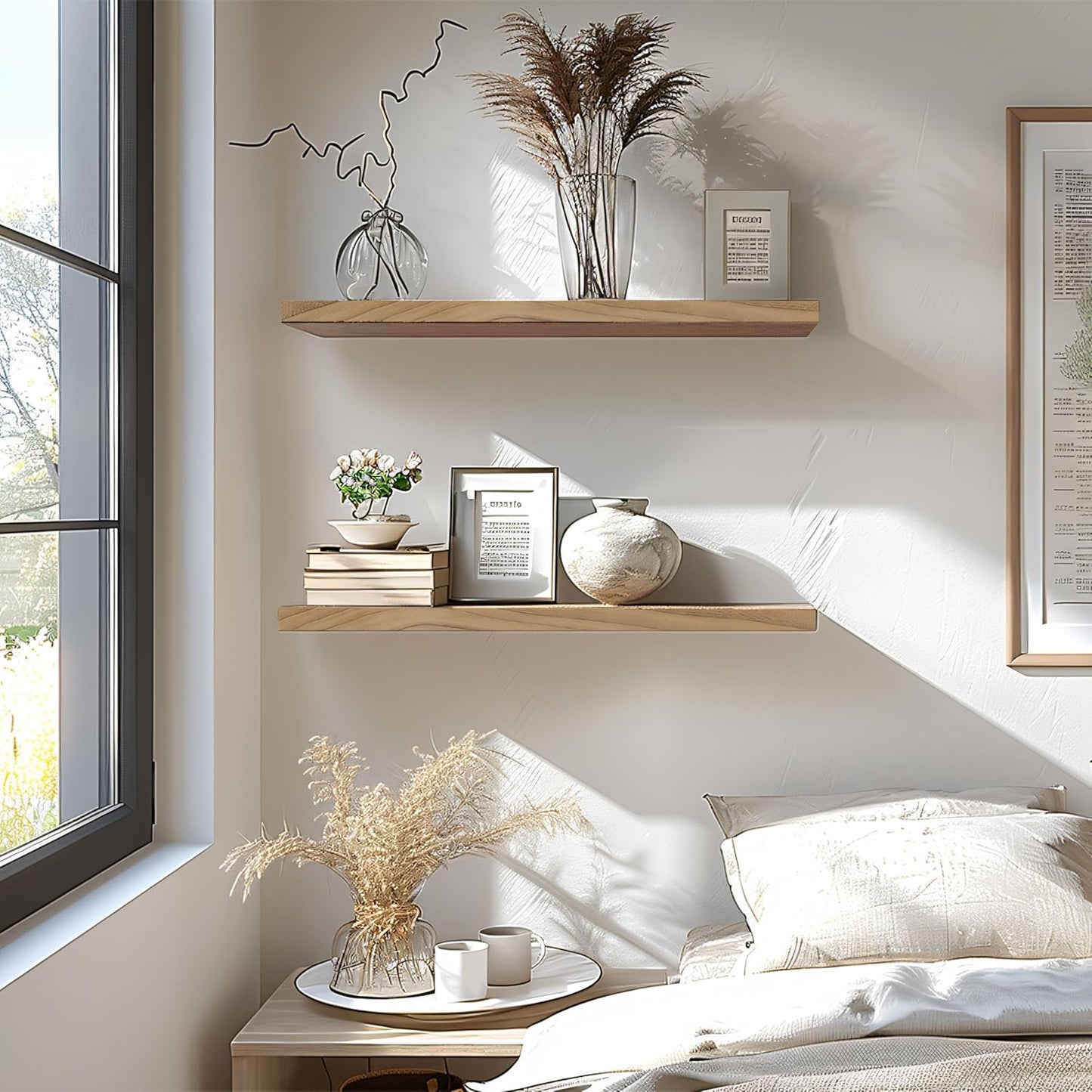 24 Inch Floating Shelves for Wall Rustic Light Wood Wall Shelves for Bedroom Set of 4