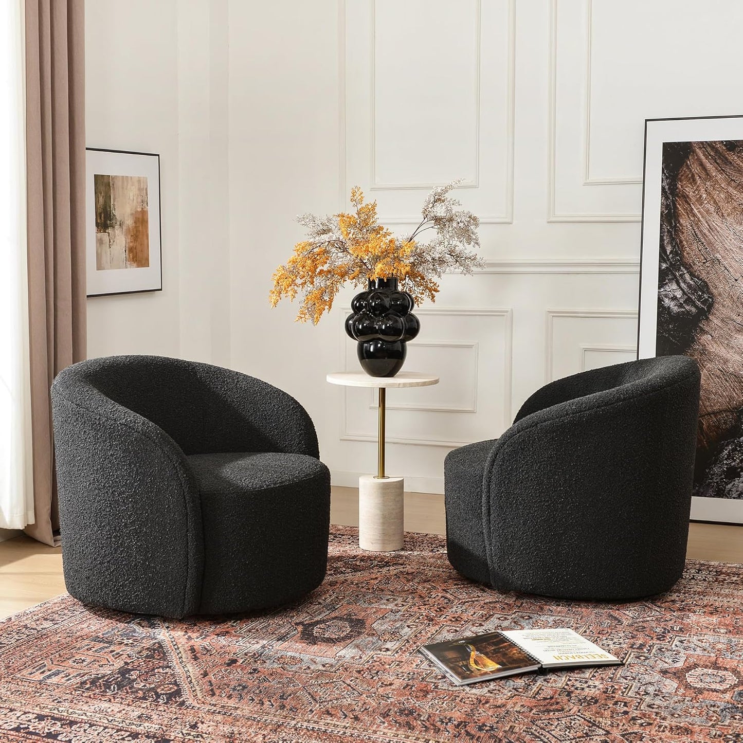 KINWELL 34" W Swivel Barrel Chair Set of 2, Mid Century Modern Round Upholstered Boucle Swivel Accent Chairs, No Assembly Sofa Chair for Living Room Bedroom Reading, Black