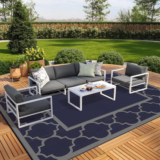 GENIMO 9 ' x 18 ' Outdoor Rug Waterproof for Patio Decor, Foldable Reversible Plastic Straw Area Rugs Mat for Camper, Outside Carpet for Rv, Deck, Porch, Picnic, Beach, Balcony, Blue & Grey