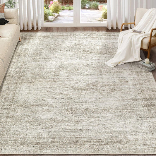 Washable Area Rugs for Living Room -8x10 Neutral Vintage Distressed Floral Farmhouse Boho Large Soft Floor Rug Indoor Non Slip Carpet for Living Room Bedroom Dining Room Office-Beige