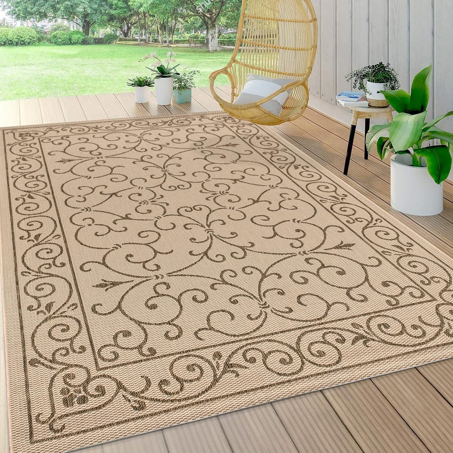JONATHAN Y Vintage Filigree Indoor Outdoor Area Rug 9X12 Beige/Brown, Charleston Textured Weave for Backyard, Patio, Porch, Easy-Cleaning, High Traffic, Pet-Friendly, Non-Shedding (SMB106A-9)