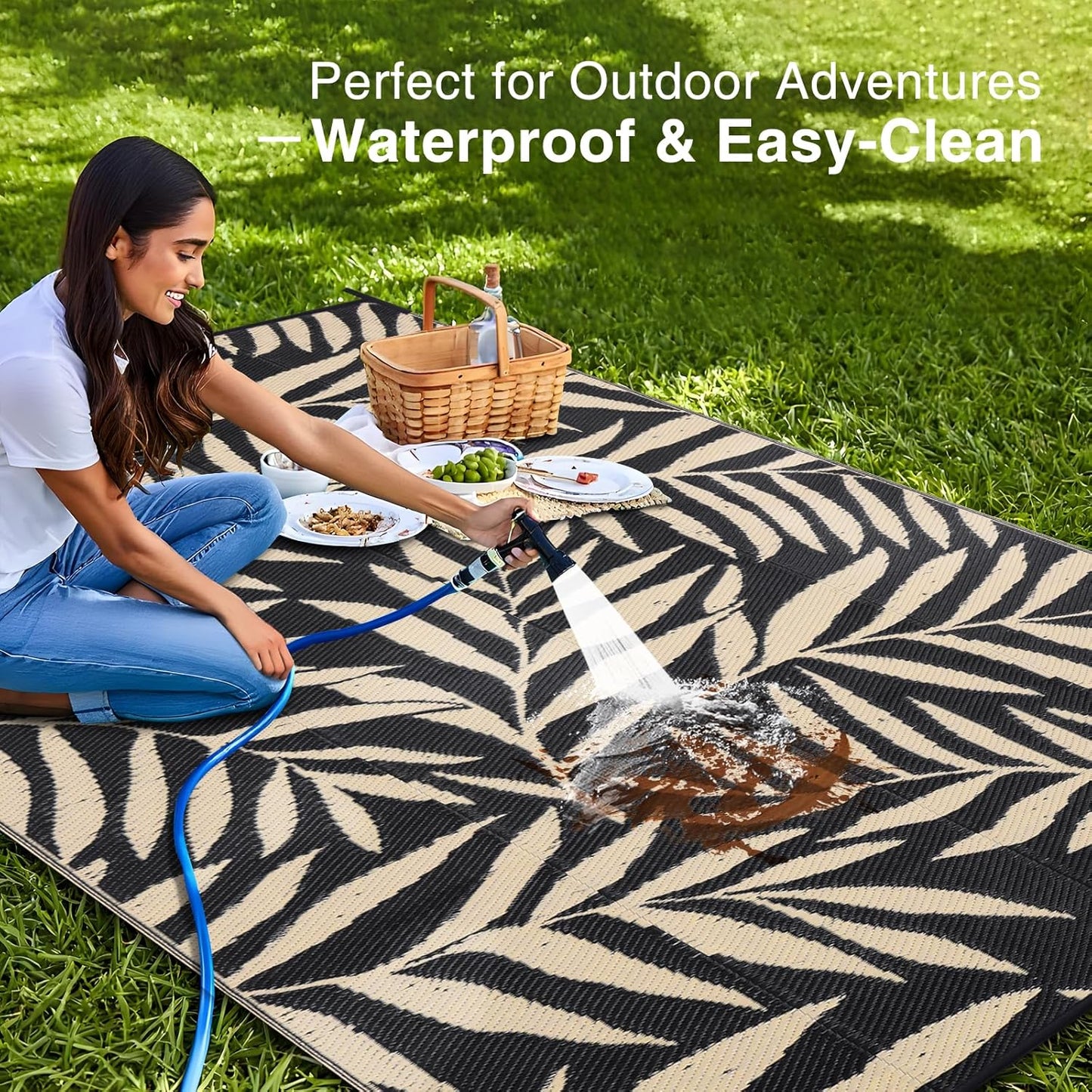 OLANLY Waterproof Outdoor Rug 6x9 ft, Reversible Outdoor Plastic Straw Rug with Leaf Pattern, RV Mat, Indoor Outdoor Carpet for Patio, Camping, Balcony, Deck, Backyard, Black & Beige