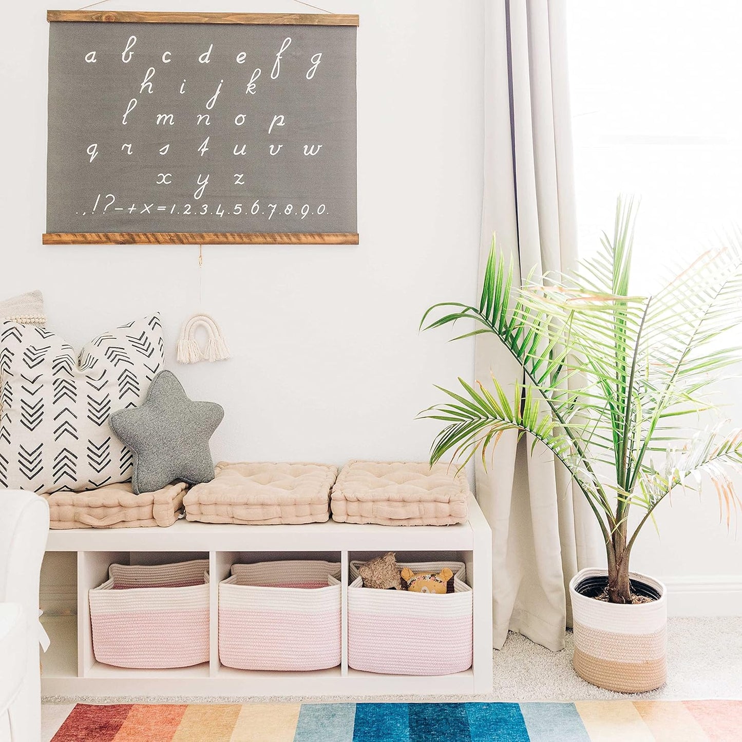 OrganiHaus Set of 3 Woven Storage Baskets for Organizing, Cotton Rope Organizer Bins for Shelves, Closet & Nursery, Dog Toy Basket, Decorative Bins for Toys, Towels & Books - 15x10x9, Pink/Off-White