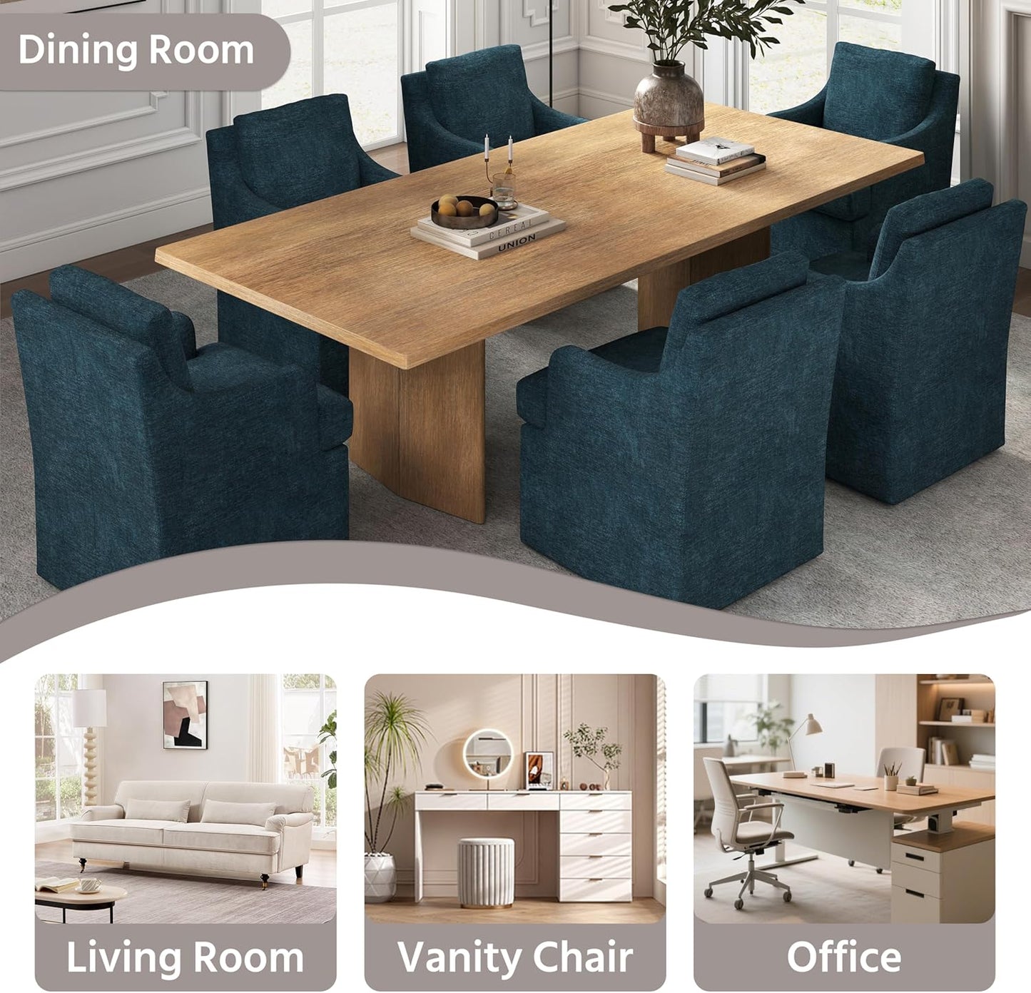 VKNOW Upholstered Dining Chairs Set of 4, Modern Kitchen Chairs Dinner Chairs with 4 Casters, Linen Armchair for Bedroom Reading Room Living Room, Navy