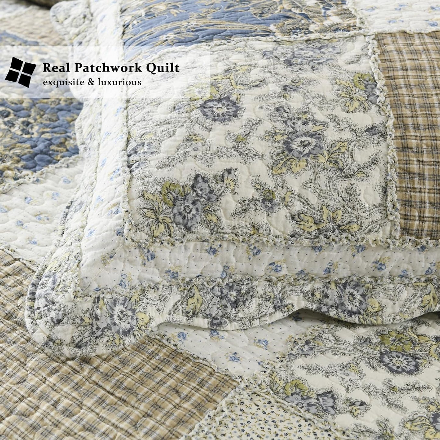 Yvooxny Quilt Set King Size Reversible Country Farmhouse Floral Real Patchwork Quilted Bedspread 3-Piece Quilt Set with Pillowcases with Ruffles for All Seasons, 96 x 108 Inches