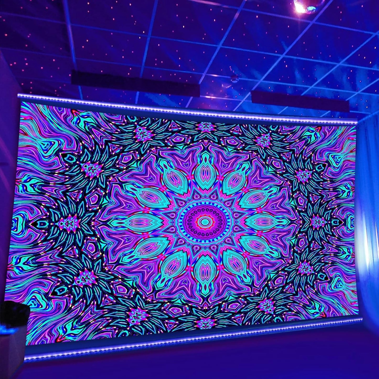 PSYHILAR Blacklight Mandala Tapestry for Bedroom, Psychedelic Black Light Posters for Adults and Teens, Neon UV Reactive Aesthetic Bohemian Art Wall Hanging Decor (60 x 50 Inches)