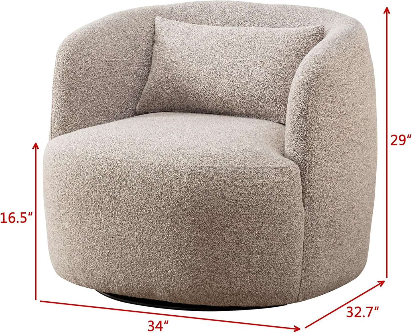 KINWELL 34" Wide Boucle Swivel Barrel Chairs Set of 2, No Assembly Round Upholstered Armchairs Accent Chairs Single Sofa Chair with Toss Pillow for Living Room and Bedroom, Taupe