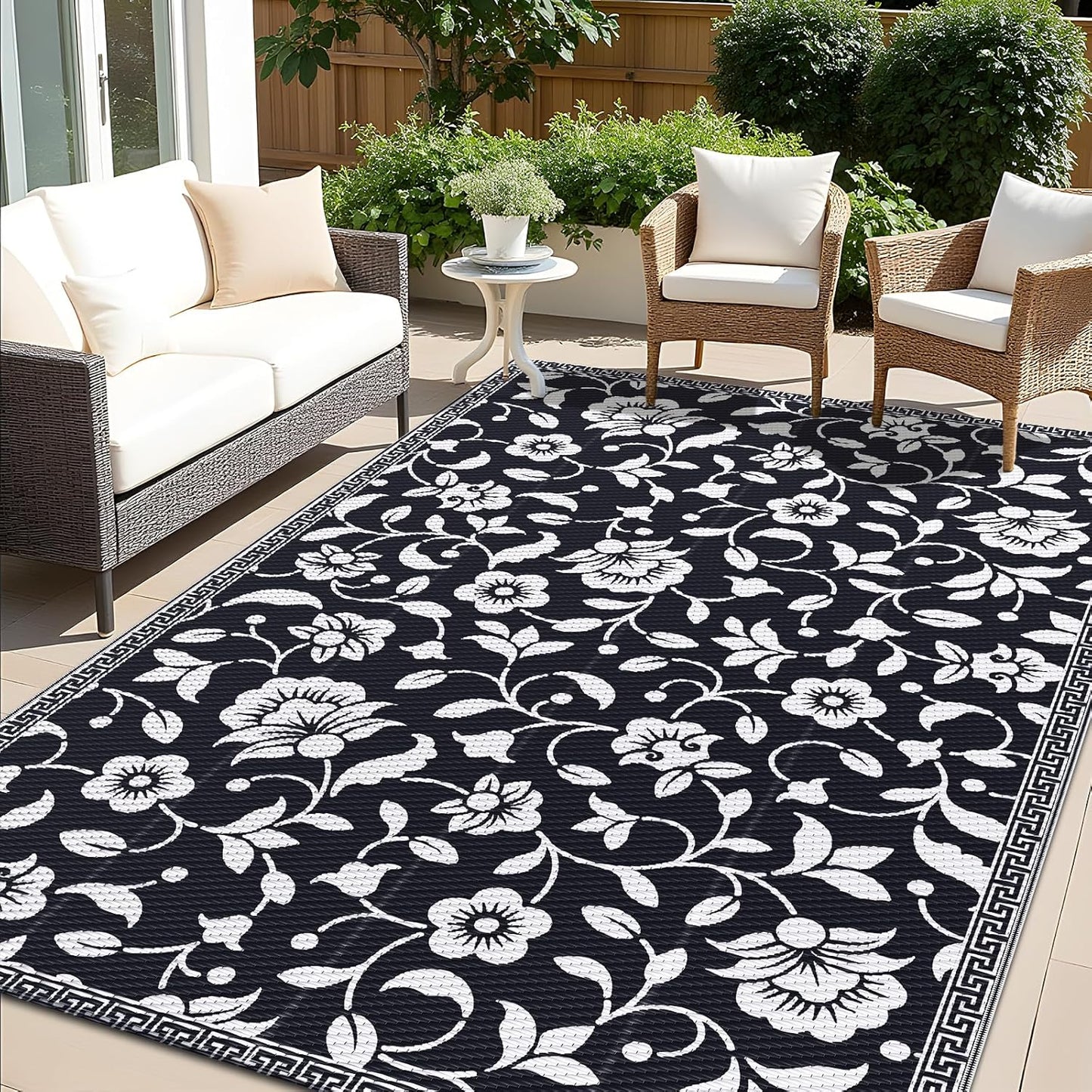 OLANLY Waterproof Outdoor Rug 5x8 ft, Outdoor Plastic Straw Rug with Flower Pattern, Reversible RV Mat for Patio, Camping, Balcony, Deck, Backyard, Black & White