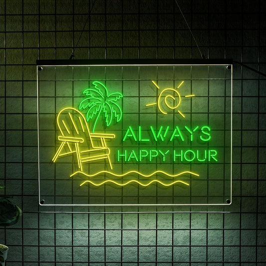 LIGHT UP LUXE Always Happy Hour Neon Sign, Bar Sign for Home Bar, Palm Tree  & Sun Wall Decor, Summer Vibes Neon Light for Patio and  Poolside