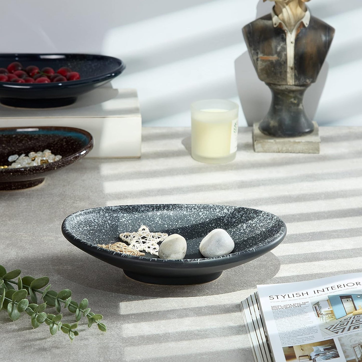 Oval Ceramic Decorative Bowl, Key Dish for Entryway Table, Small Home Decor Accent, Trinket Tray for Office Home Decor Gift (10'' Snowflake Gray without Glaze Layer)
