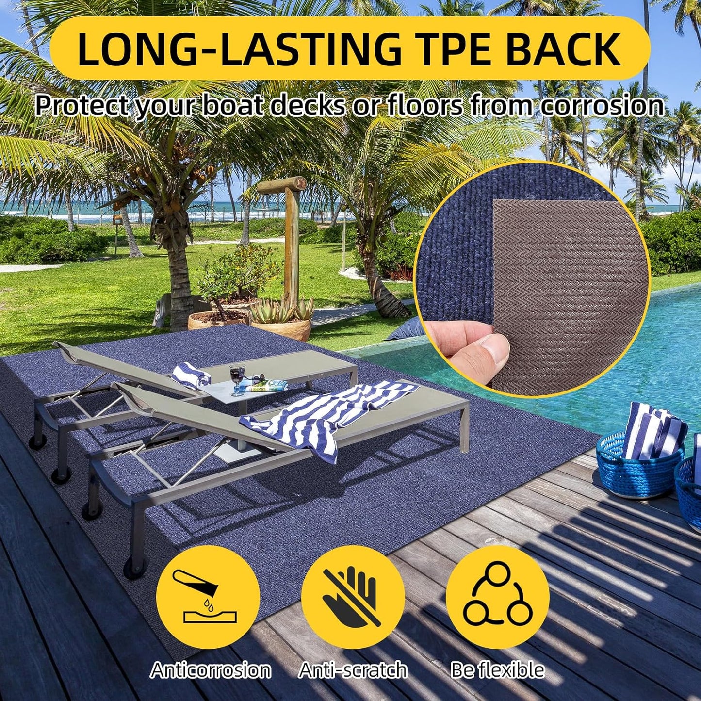 Marine Carpet,5 FT x 15 FT Deep Blue Indoor Outdoor Carpet 0.2" Thick Boat Carpet with Water-Proof TPE Backing, Non-Slide Outdoor Marine Carpet Roll for Home, Patio, Porch, Deck