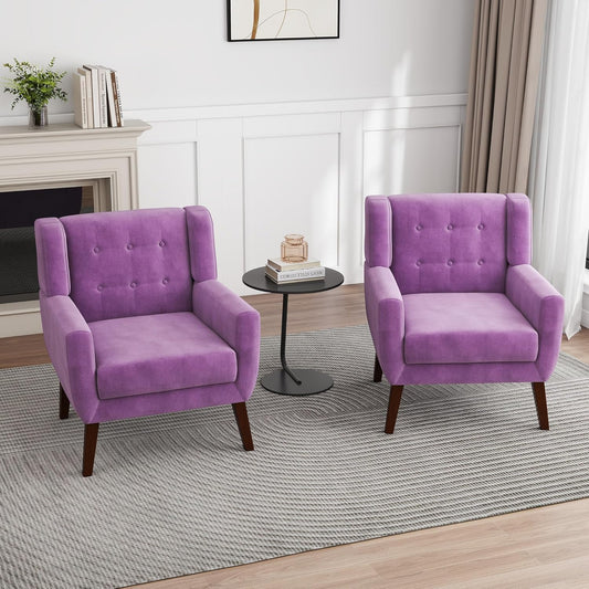 UIXE Accent Chairs Set of 2, Modern Upholstered Arm Chair, Mid-Century Club Armchair Comfy Single Lounge Sofa, Button Tufted Living Room Reading Side Seating for Bedroom Office, Velvet-Purple