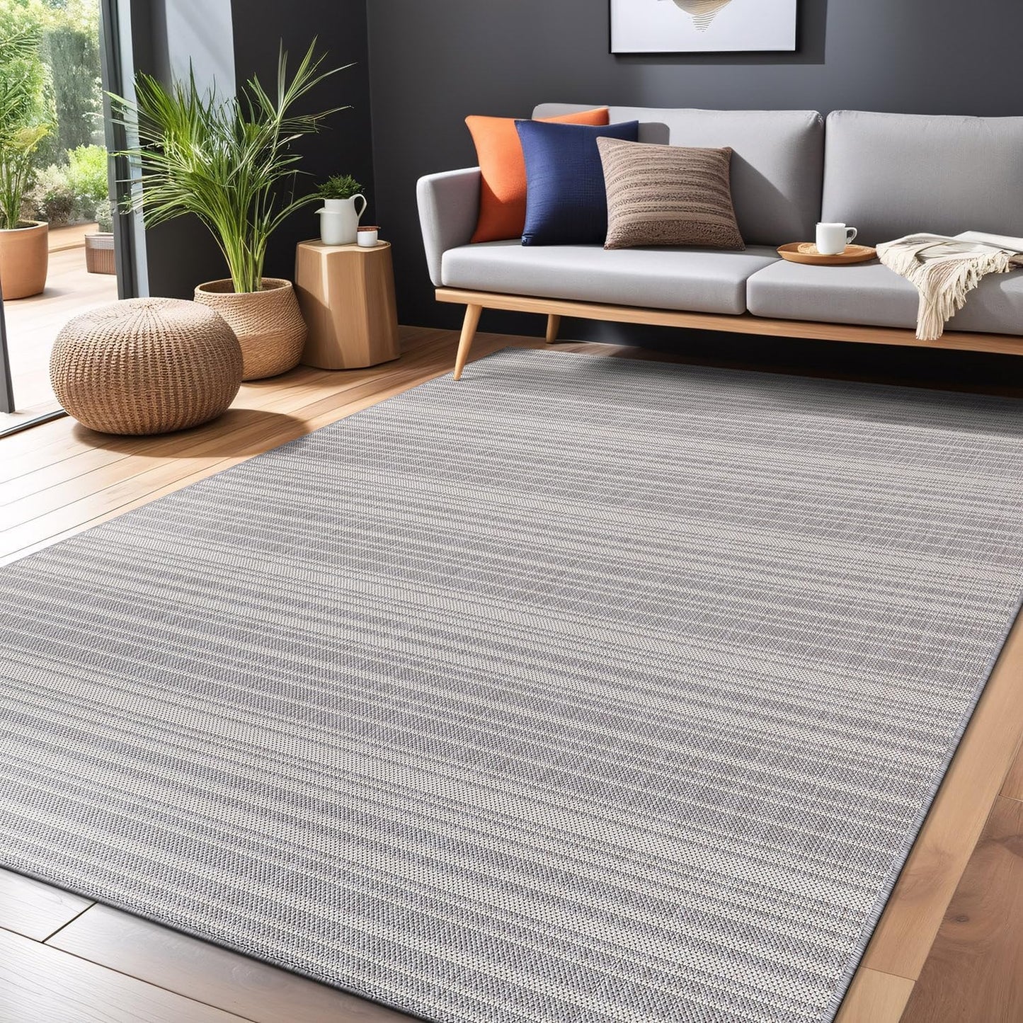 Stripe Outdoor Rug 9x12 Washable Outside Carpet for Indoor Patio Porch Waterproof Easy Cleaning Non Shedding Area Rugs Gray 9 x 12
