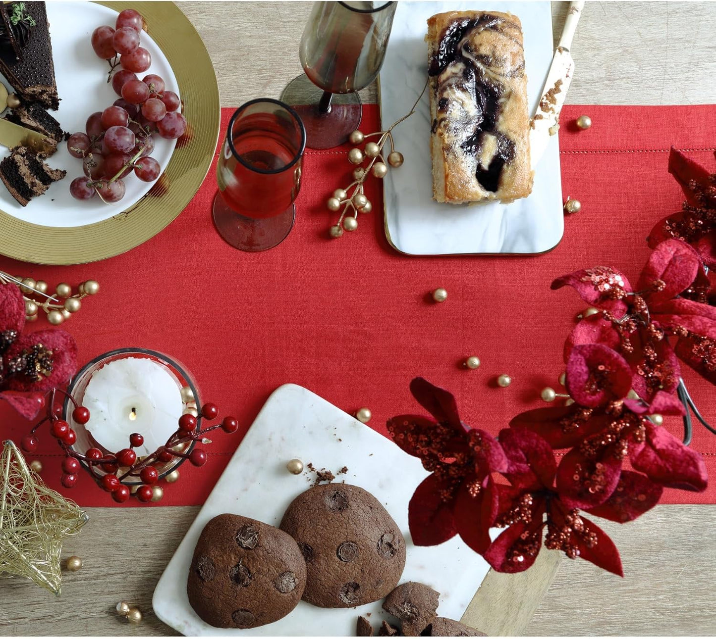 Solino Home Linen Red Table Runner 120 Inches Long - 100% Pure Linen 14 x 120 Inch Table Runner - Classic Hemstitch