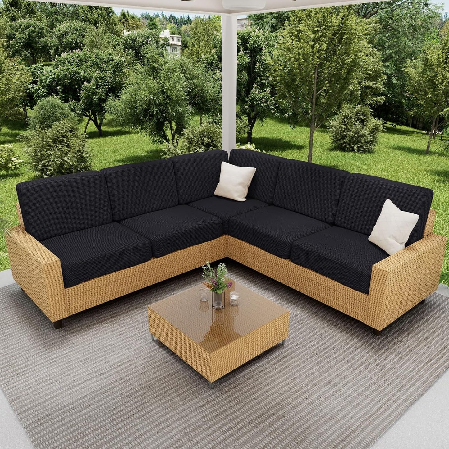 hyha Waterproof Sectional Couch Covers, Non Slip Sofa Couch Cushion Covers L Shape, Thick Stretch Jacquard Fabric, Washable Sofa Slipcovers with Elastic Bottom (1 Piece for Chaise XL, Black)