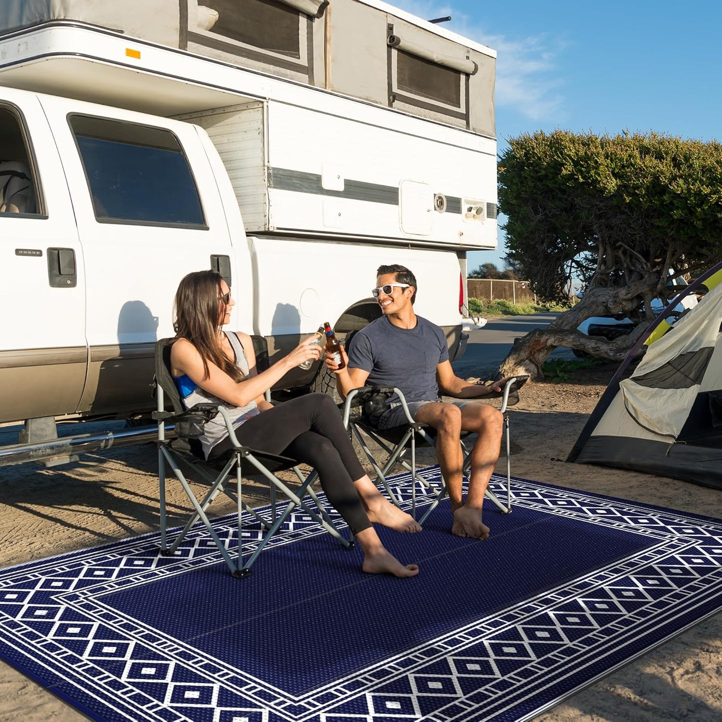 GENIMO Outdoor Rug Waterproof for Patio Decor, 6'x9' Foldable Reversible Plastic Straw Carpet for Travel Trailers, Outside Area Mat for Rv, Deck, Picnic, Porch, Camper, Balcony, Beach, Blue & White