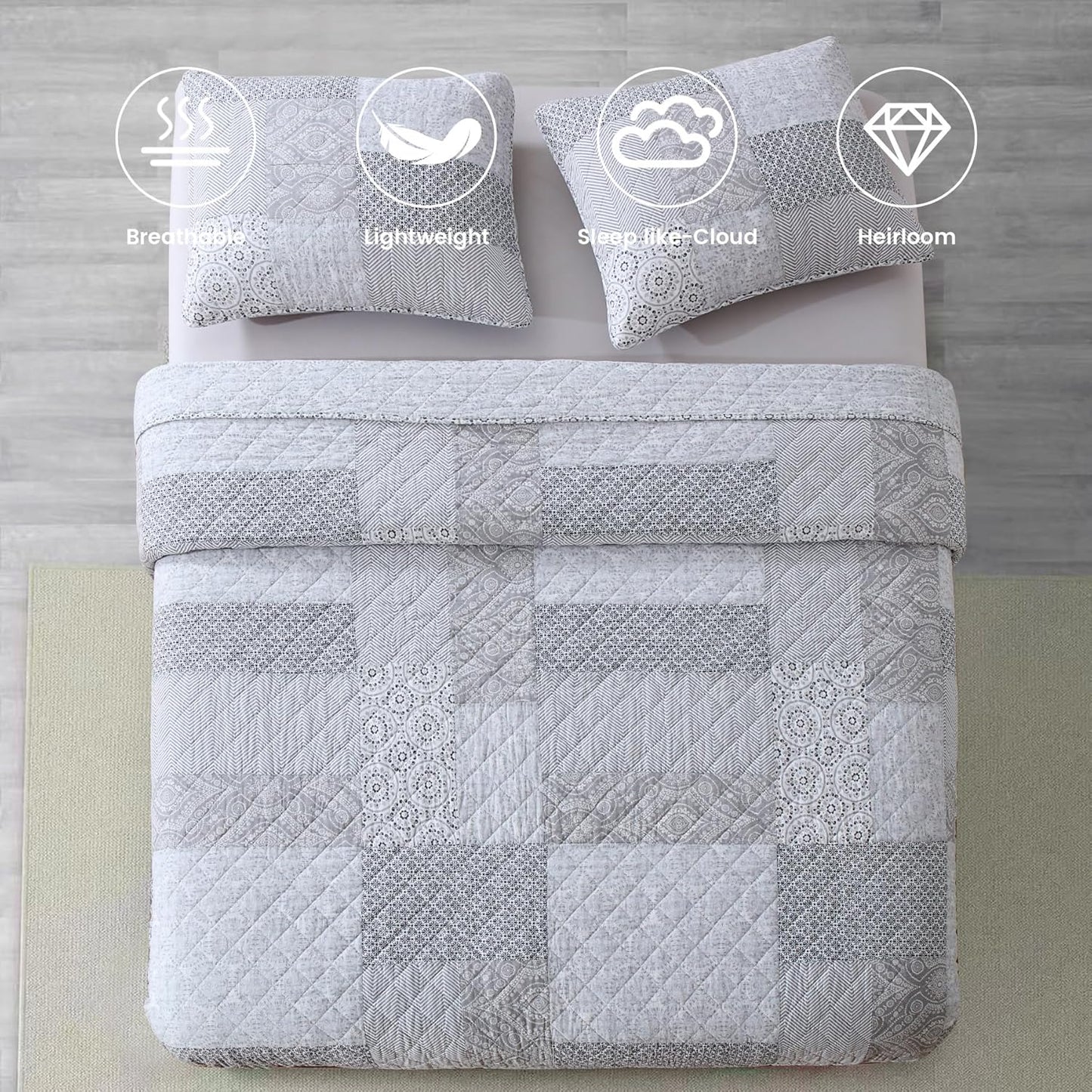 Secgo King Size Comforter Set- 100% Cotton Quilt King Size Set, Green, Sage bedspreads (96 * 108 Inch) with 2 Pillow Shams, Patchwork Reversible Lightweight Bedding