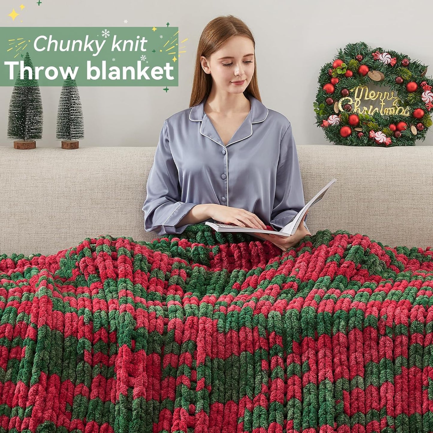 Chunky Knit Throw Blanket, 50''*60'' Knitted Throw Chenille Yarn for Bed Couch, Handmade Stripe Crochet Big Thick Blanket, Machine Washable Cute Comfy Blanket for Home Decor