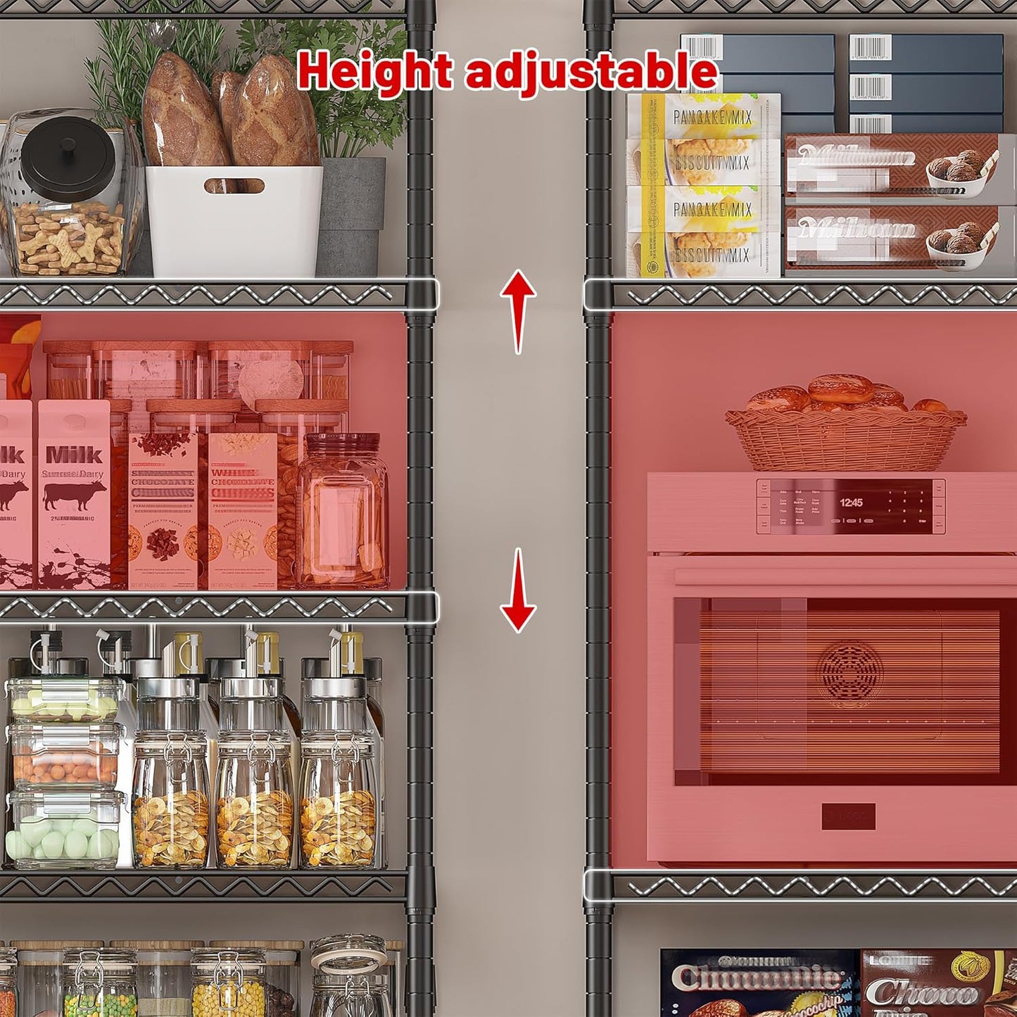 REIBII 45.5''W Storage Shelves Wire Shelving, 5 Tier Pantry Shelves for Storage Rack, Adjustable Metal Shelving for Pantry Kitchen Steel Shelving, 45.5" W x 71" H x 17.7" D