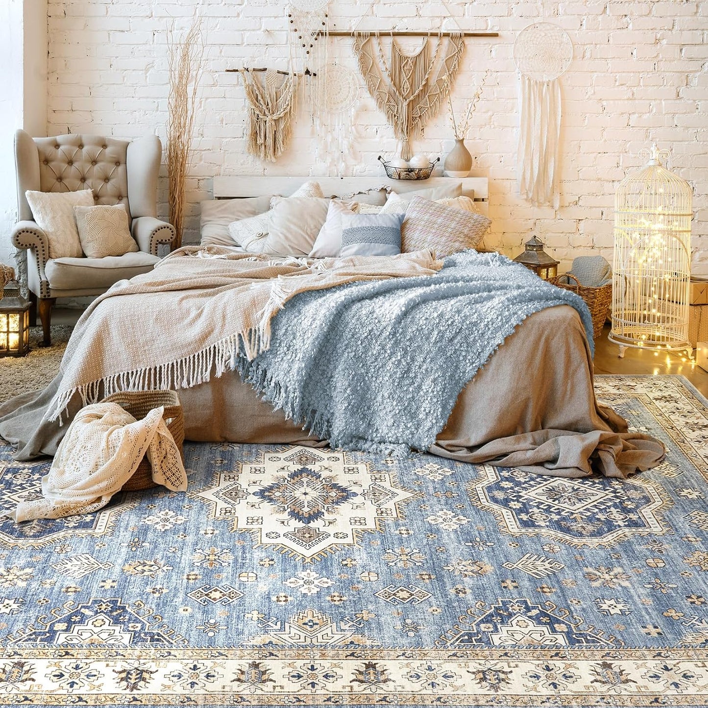 Washable Area Rugs for Living Room -10x13 Neutral Vintage Distressed Floral Farmhouse Boho Large Soft Floor Rug Indoor Non Slip Carpet for Living Room Bedroom Dining Room Office - Blue