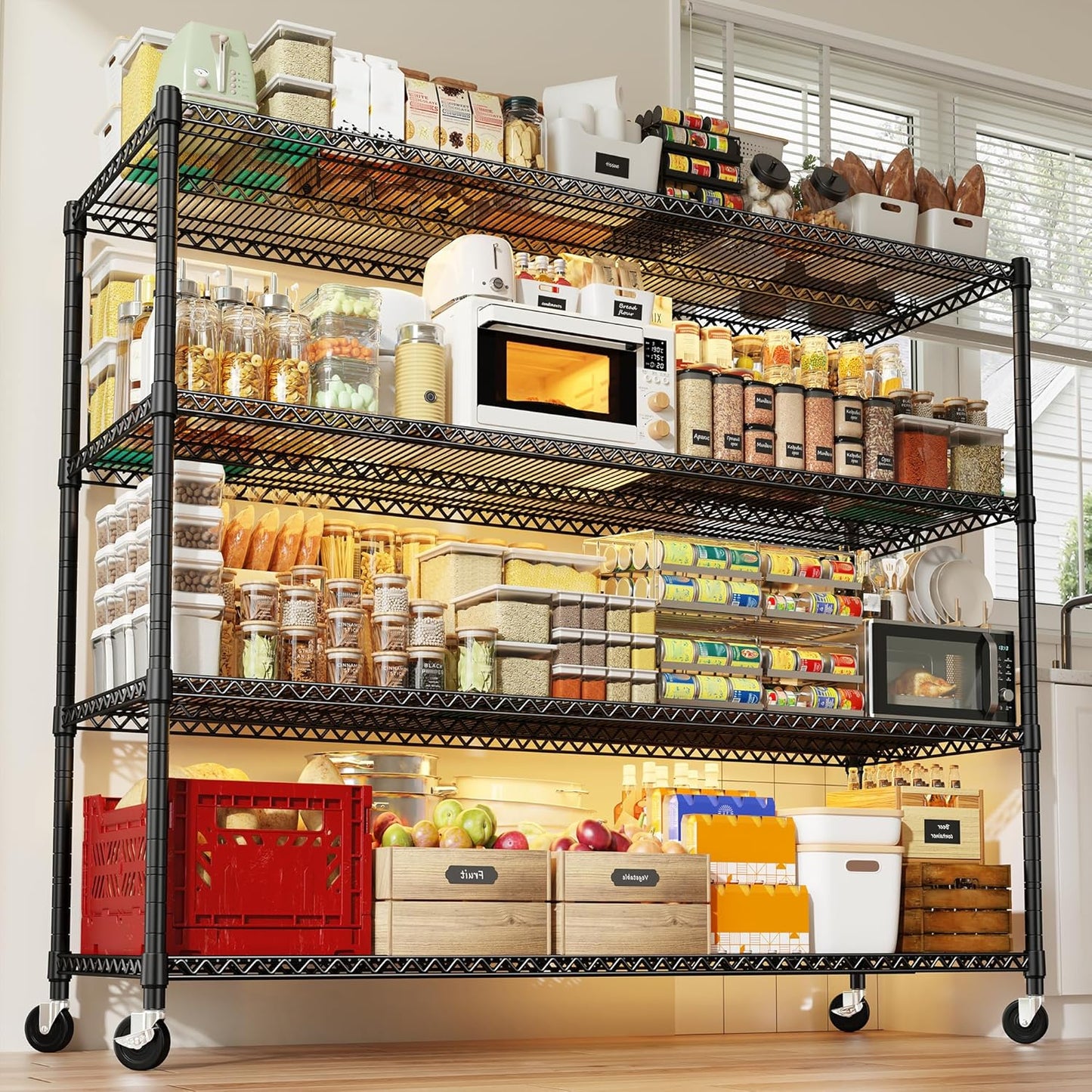 REIBII 60''W Storage Shelves 2399LBS Garage Shelving Heavy Duty with Wheels & Feet, 4 Tier Wire Shelving Adjustable Metal Shelving for Pantry Garage Kitchen Commercial Industrail, 60"W x 18"D x 65.5"H